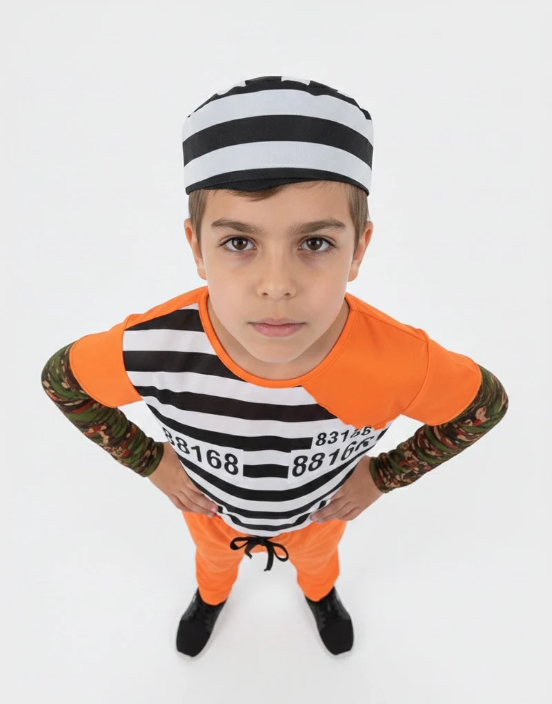 Déguisement de Prisonnier / Détenu Orange et Rayé pour Enfant – Costume Complet avec Bonnet et Manches Effet Tatouage