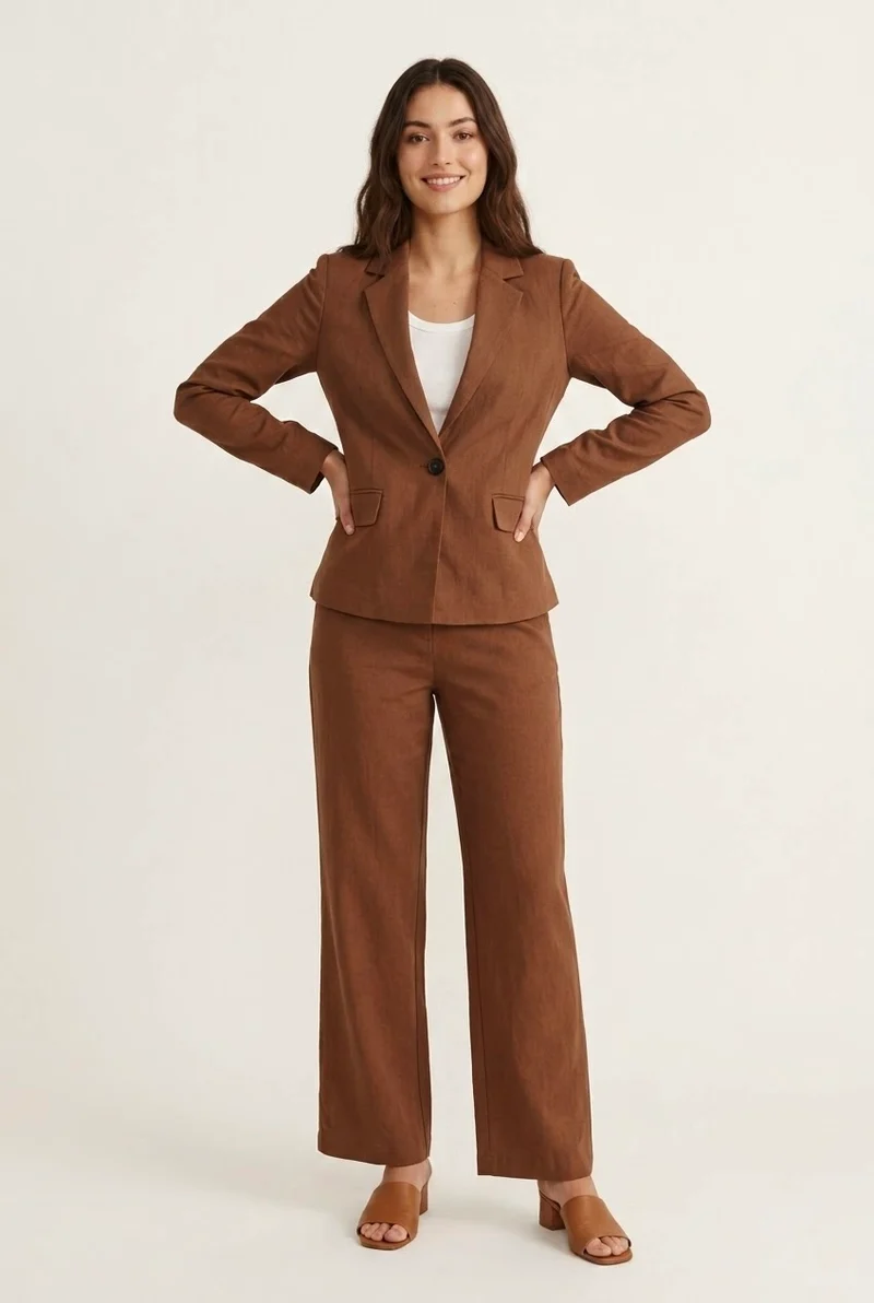 Ensemble Tailleur Femme Marron / Camel - Veste Blazer Cintrée et Pantalon Droit