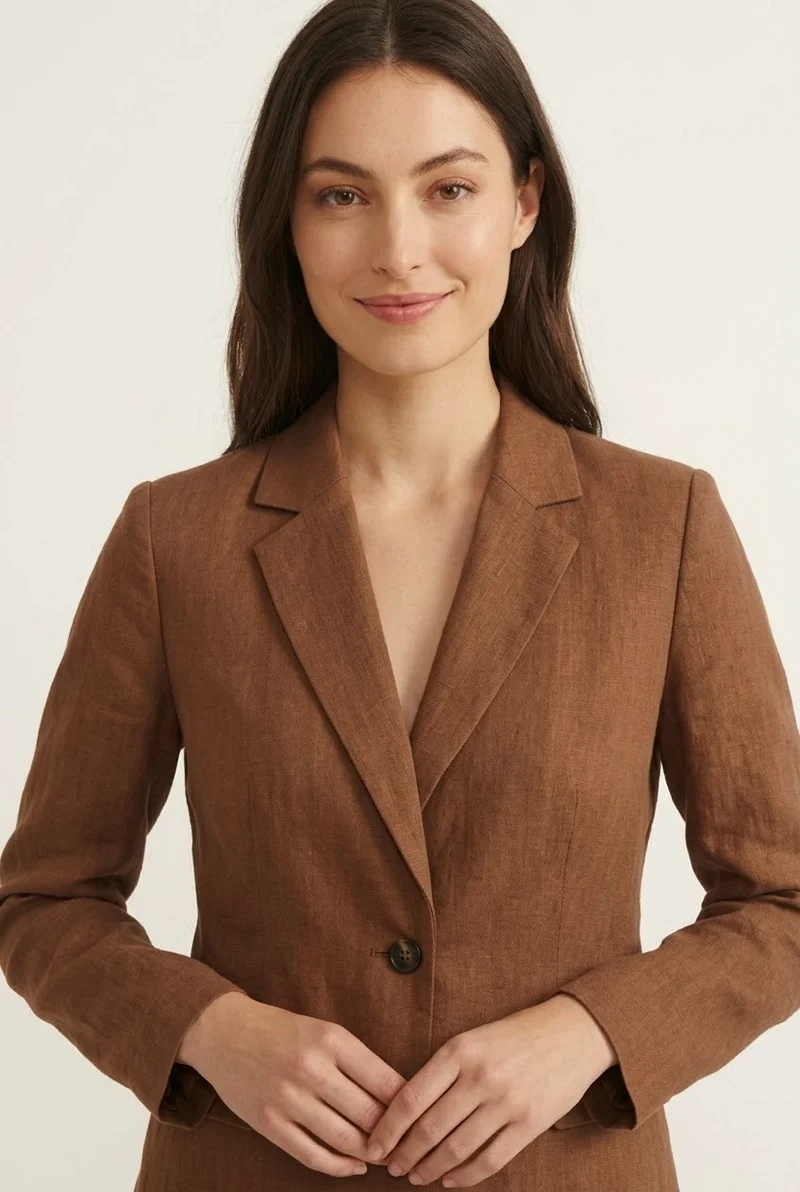 Ensemble Tailleur Femme Marron / Camel - Veste Blazer Cintrée et Pantalon Droit