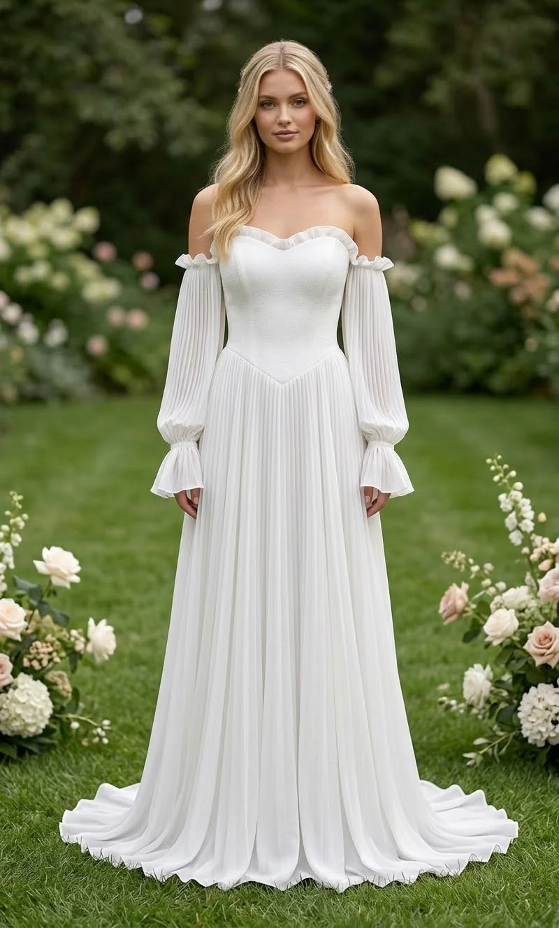 Robe de mariée romantique - Décolleté cœur & manches plissées amovibles