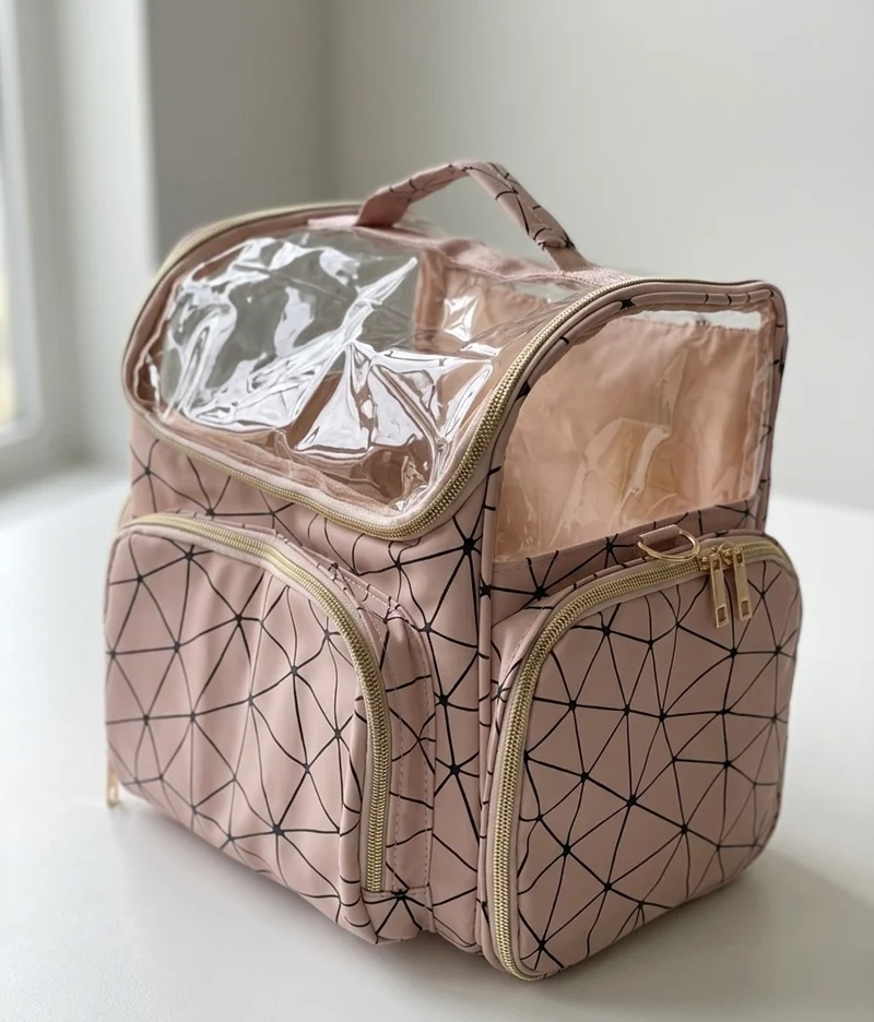 Grand Sac à Langer / Vanity de Voyage Multifonction - Motif Géométrique Rose et Noir