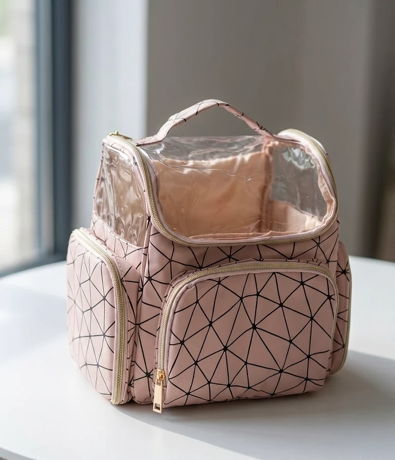 Grand Sac à Langer / Vanity de Voyage Multifonction - Motif Géométrique Rose et Noir