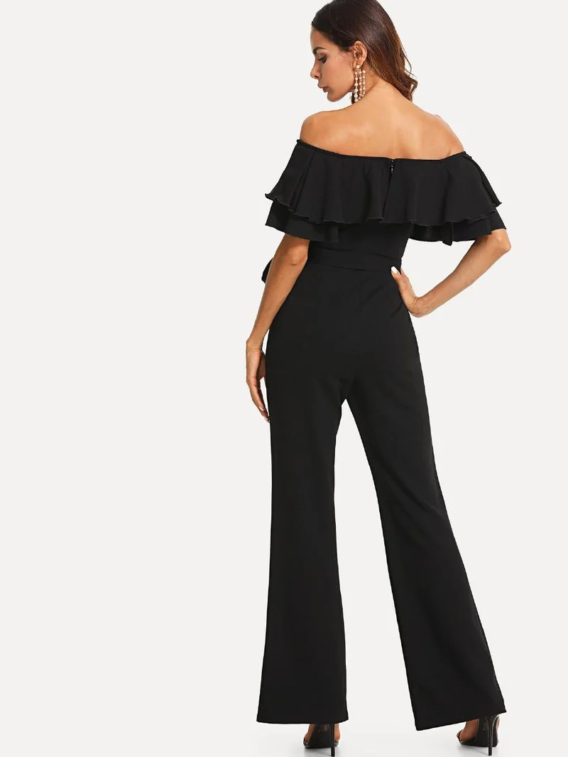 Flounce Off Shoulder Self Tie Jumpsuit