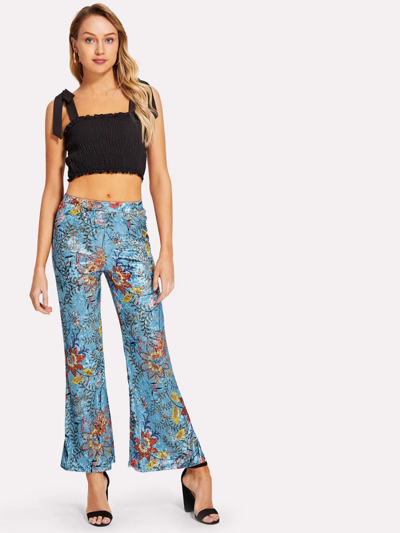 Wide Leg Floral Velvet Pants