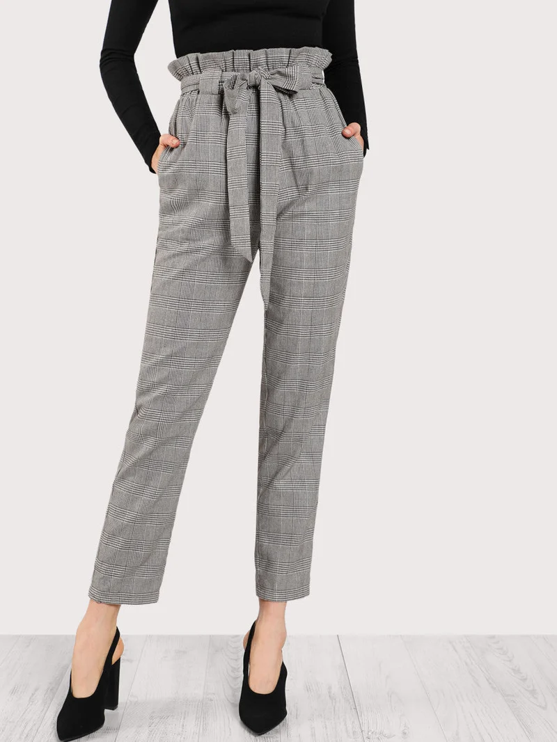 Frilled Tie Waist Plaid Pants