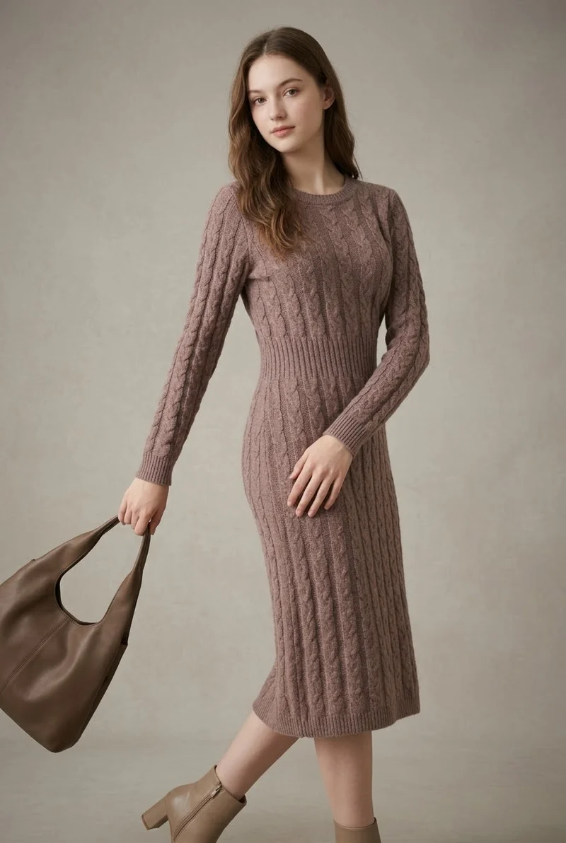 Robe pull longue en maille torsadée marron glacé