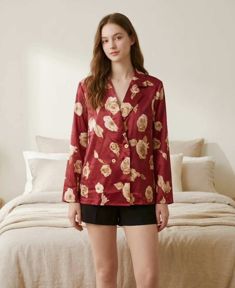 Blazer satiné bordeaux à imprimé roses crème