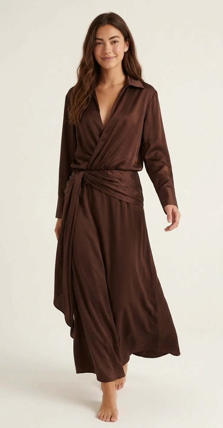 Robe Longue Satinée Chocolat - Coupe Cache-Cœur