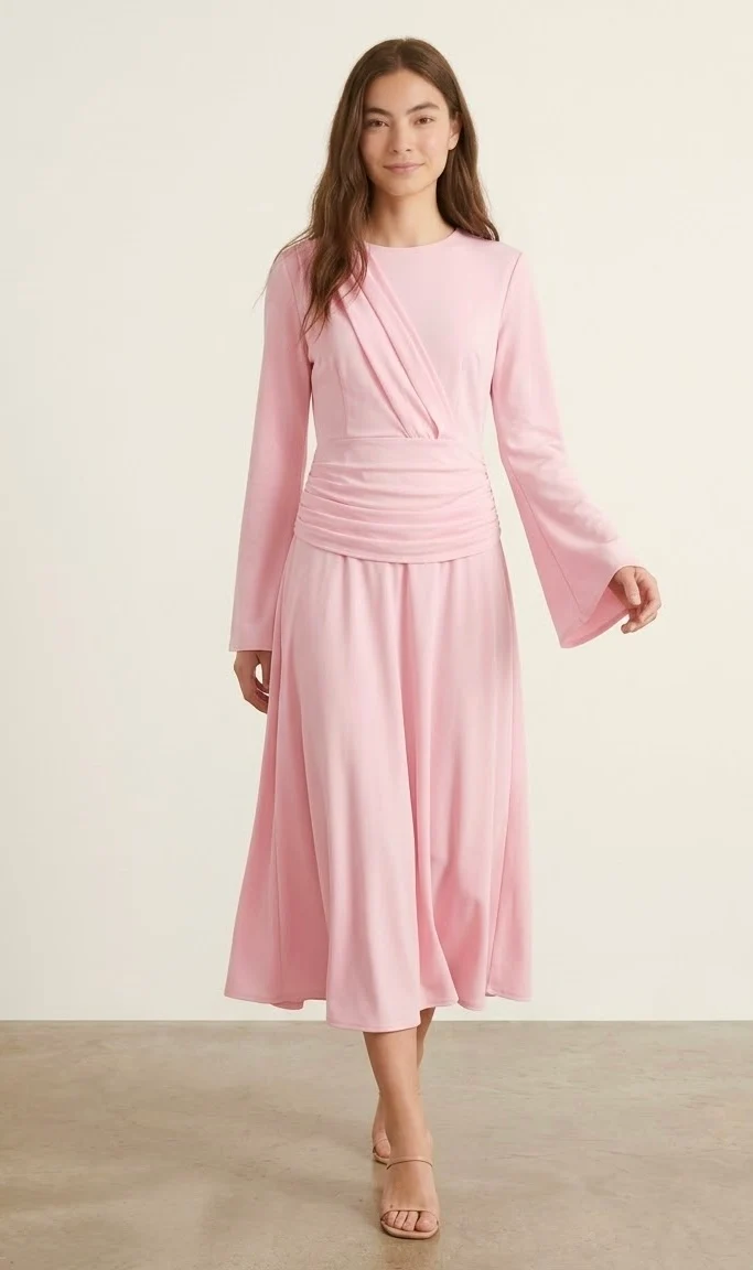 Robe Longue Rose Poudré Drapée Élégante & Fluide