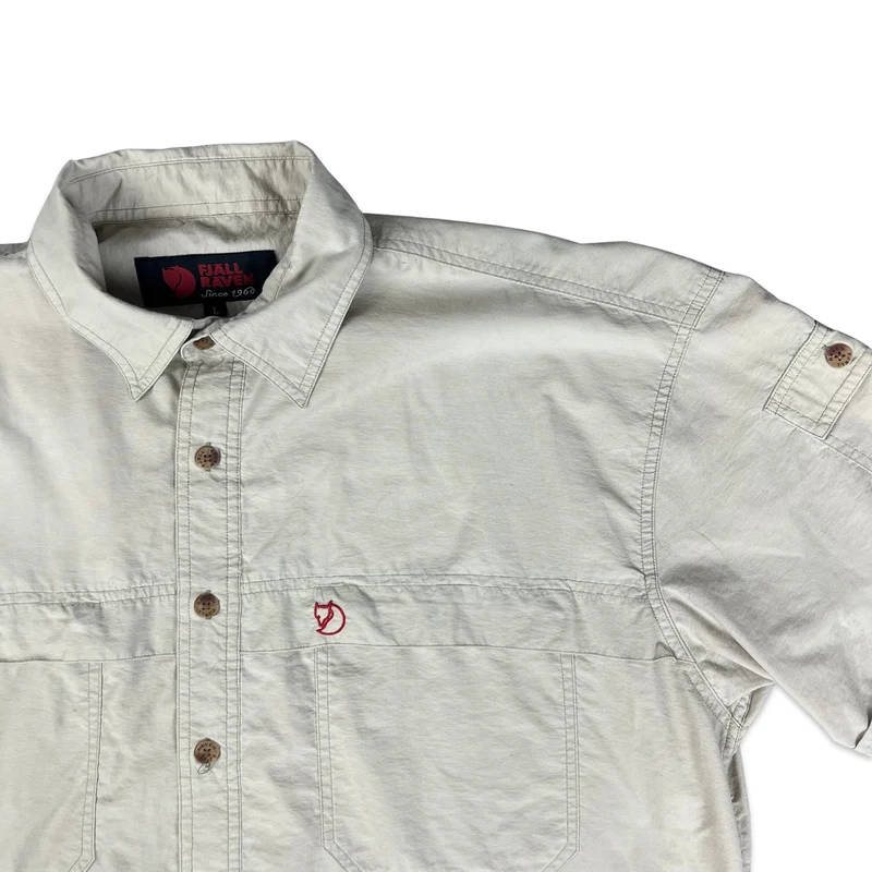 Y2K Fjallraven Cream Button Up Short Sleeve Casual Workwear Shirt Large