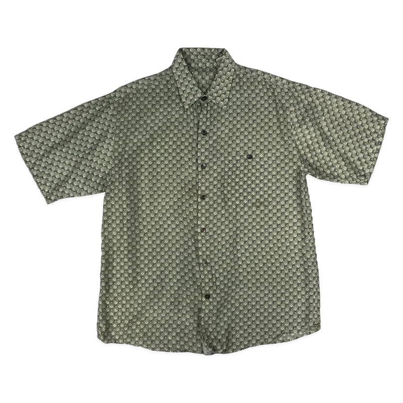 Vintage Mens Green Geometric Print Silk Shirt M