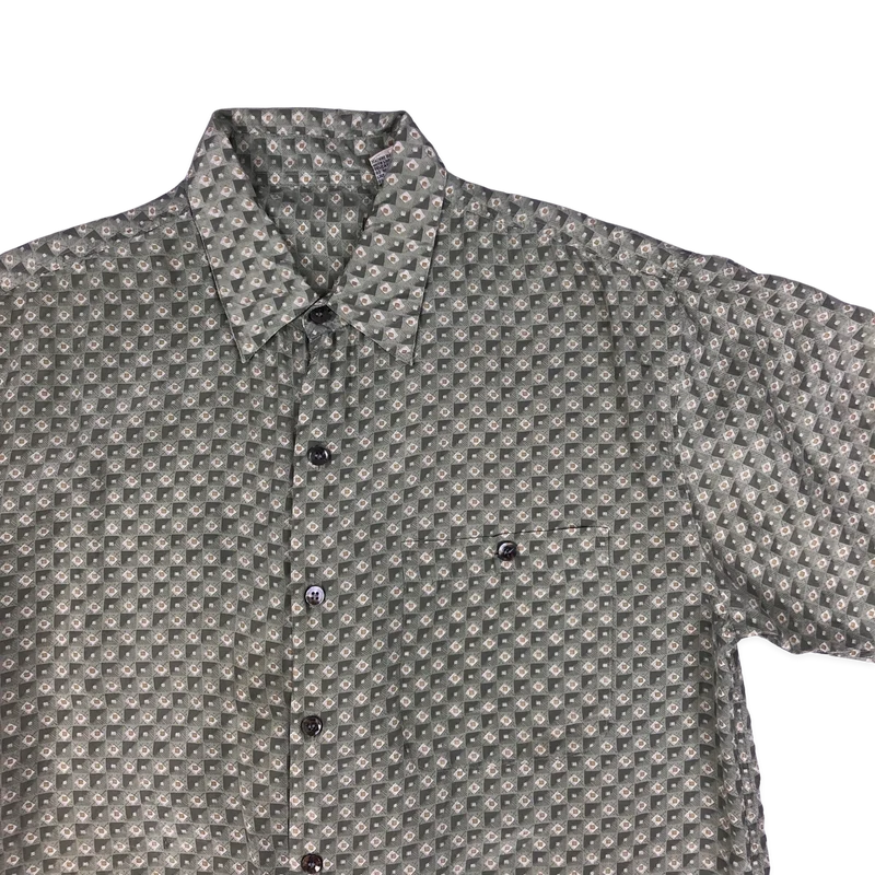 Vintage Mens Green Geometric Print Silk Shirt M