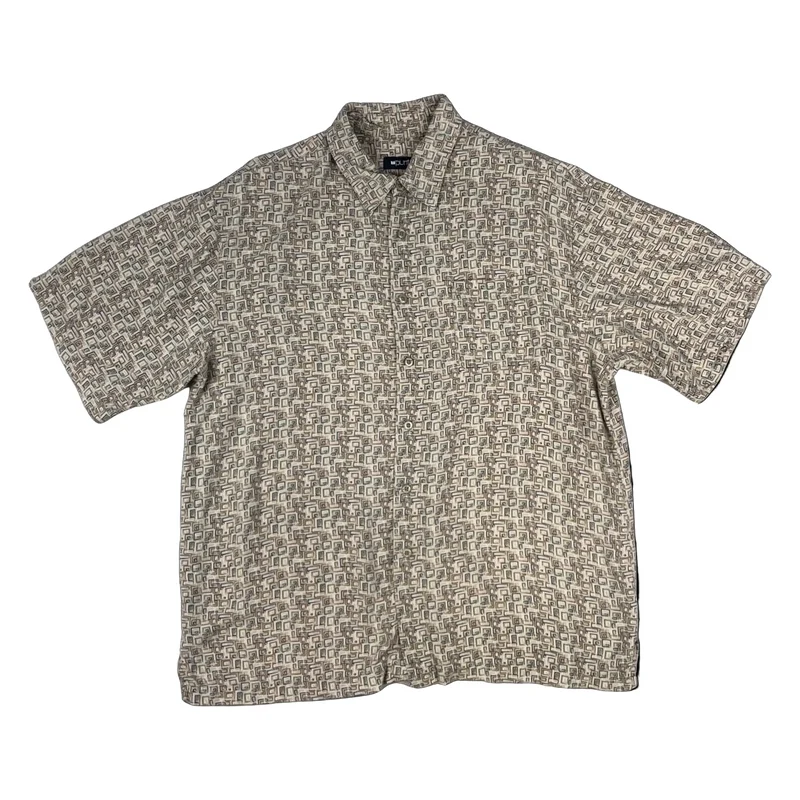 Vintage Y2K Abstract Print Beige Short Sleeve Shirt L