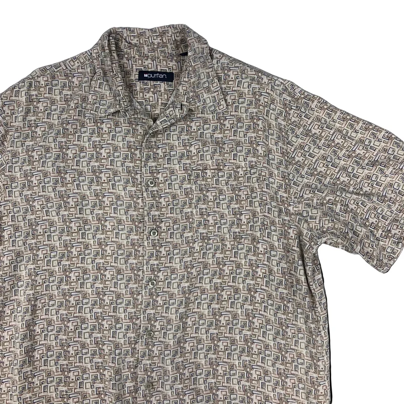 Vintage Y2K Abstract Print Beige Short Sleeve Shirt L