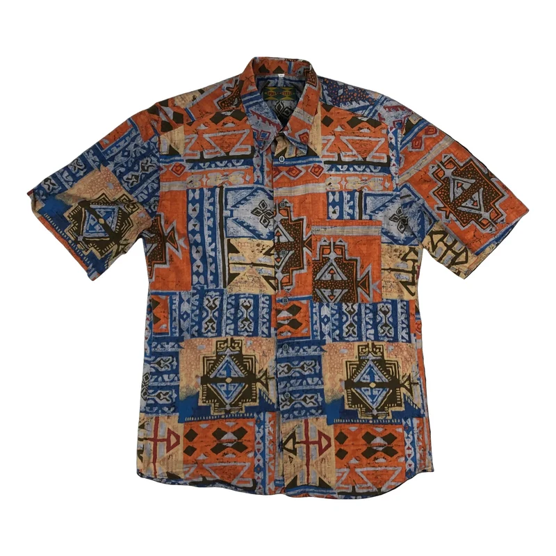 Vintage Orange Brown and Blue Crazy Aztec Pattern Print Shirt M