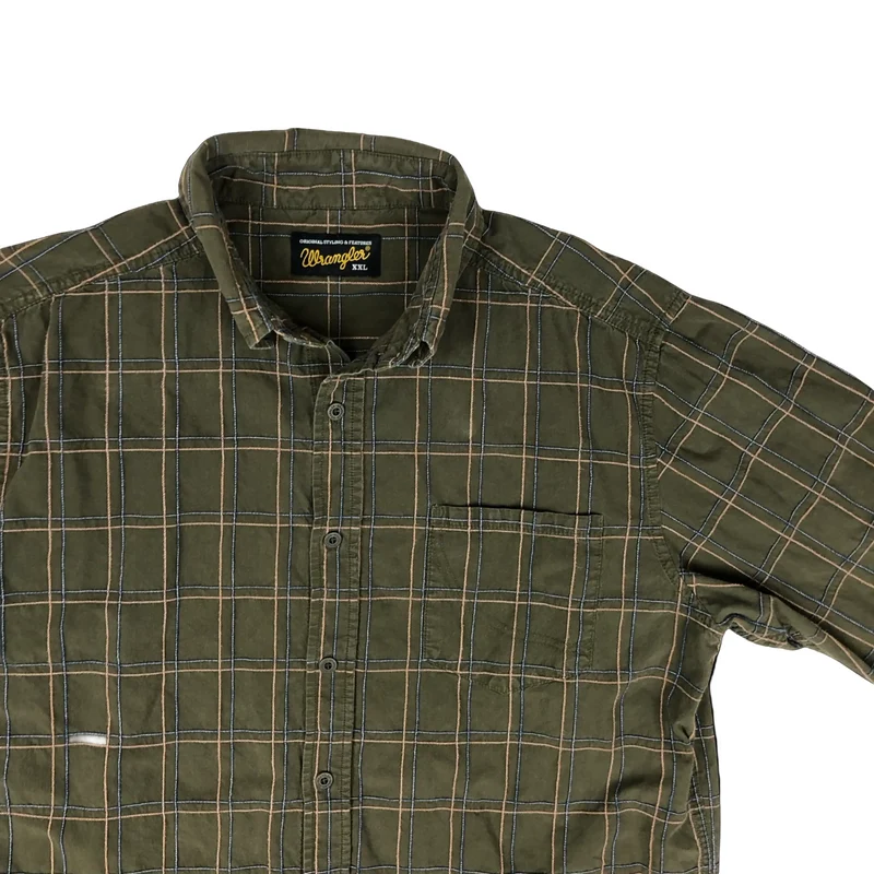 Vintage Wrangler Green Blue Orange Plaid Checked Button-Up Long Sleeve Shirt XXL