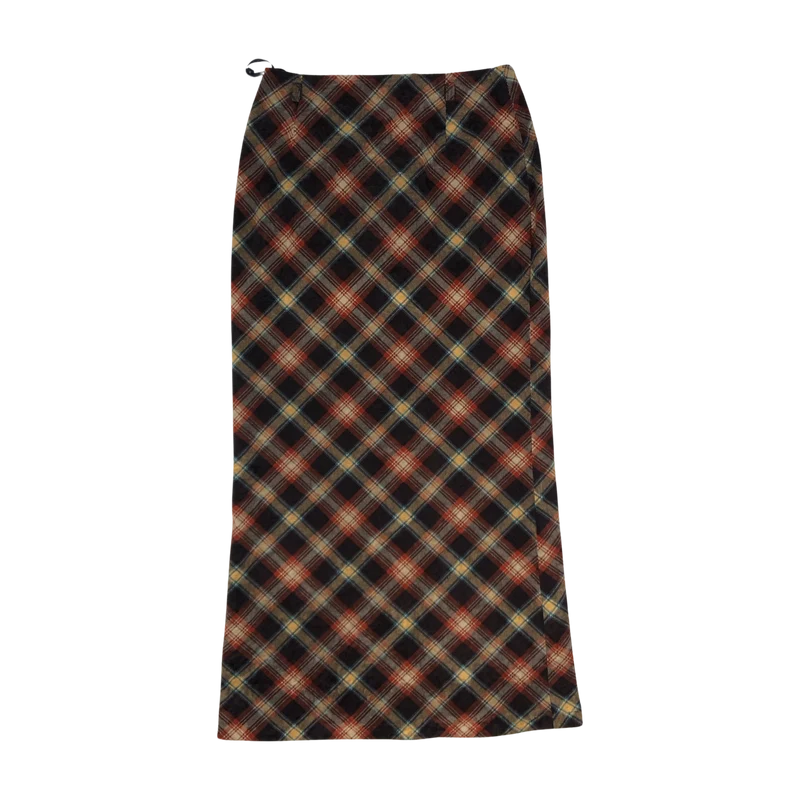 Vintage Brown, Yellow, and Blue Plaid Velvet Pencil Skirt 4 6