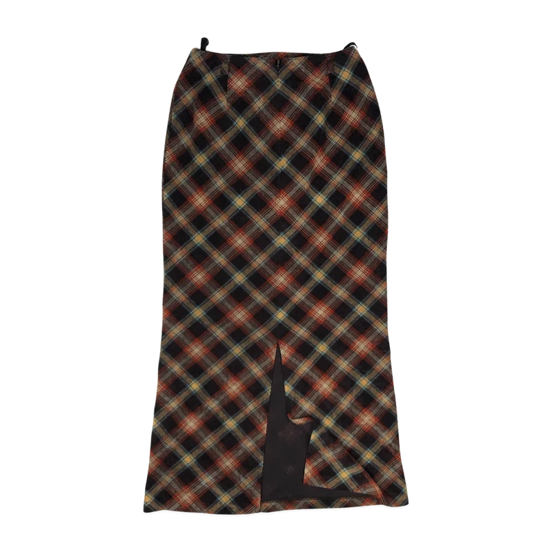 Vintage Brown, Yellow, and Blue Plaid Velvet Pencil Skirt 4 6