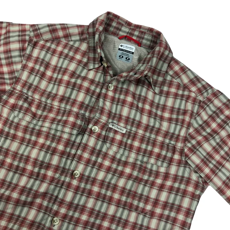Columbia White Red Plaid Checked Button-Up Long Sleeve Casual Shirt Small