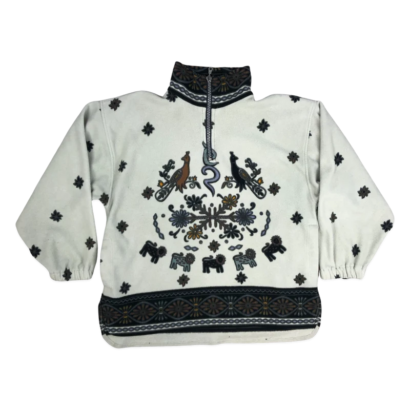 Vintage Abstract Pattern Beige 1/4-zip Fleece 3XL