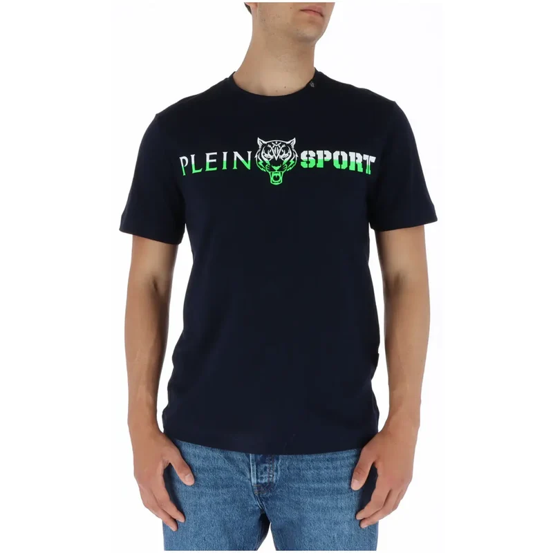 Plein Sport T-Shirt bleu en coton avec impression et col rond