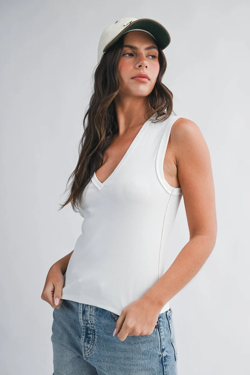 8489HK Ribbed V-Neck Tank Top: White / Contemporary / L