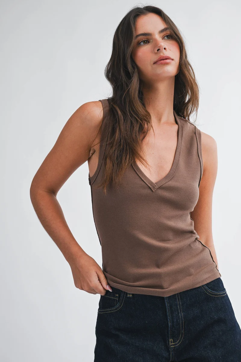 8489HK Ribbed V-Neck Tank Top: White / Contemporary / L