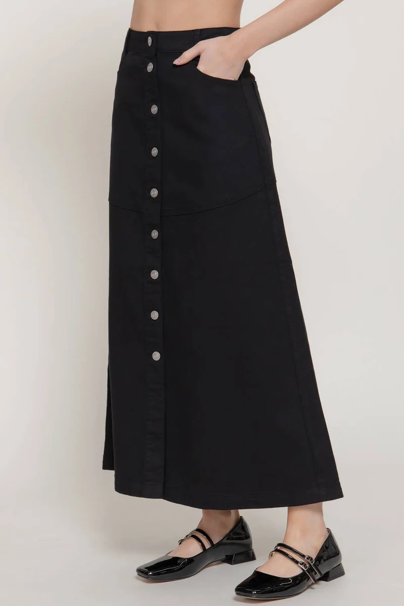 Stretch Cotton Twill A-Line Button Down Maxi Skirt: BLK-black / L