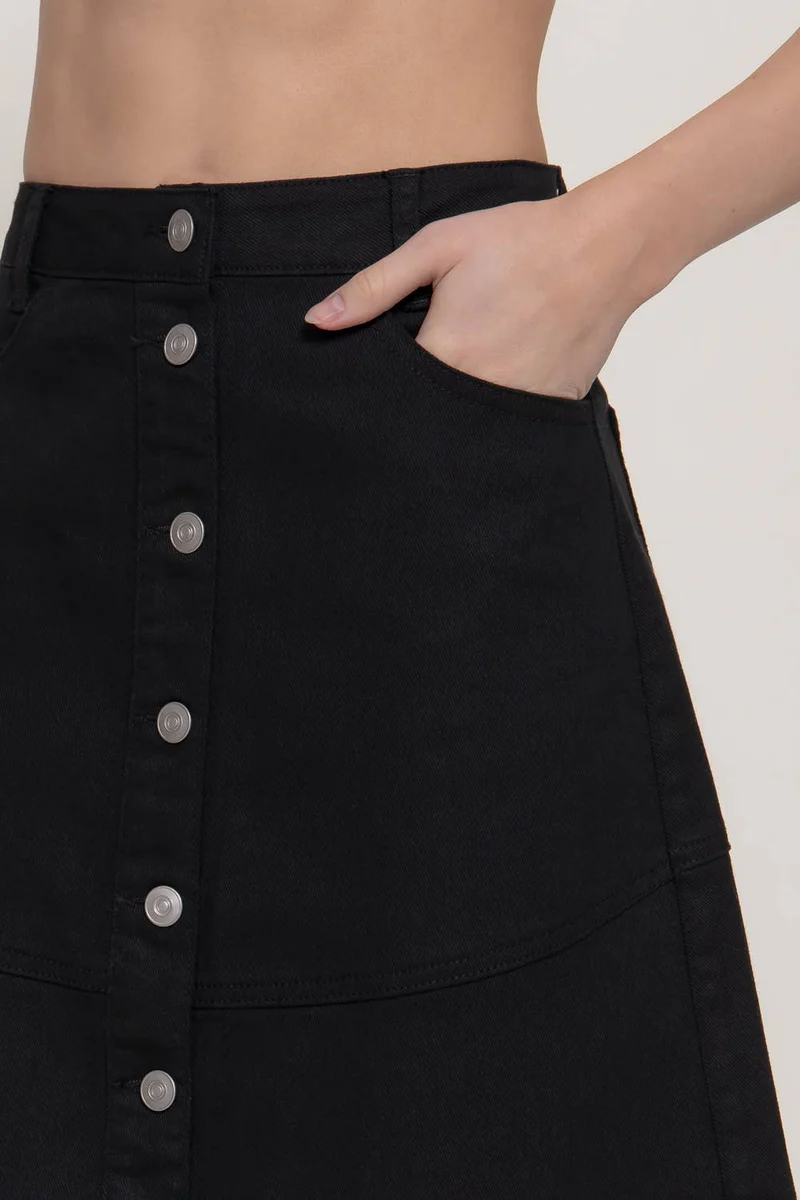 Stretch Cotton Twill A-Line Button Down Maxi Skirt: BLK-black / L