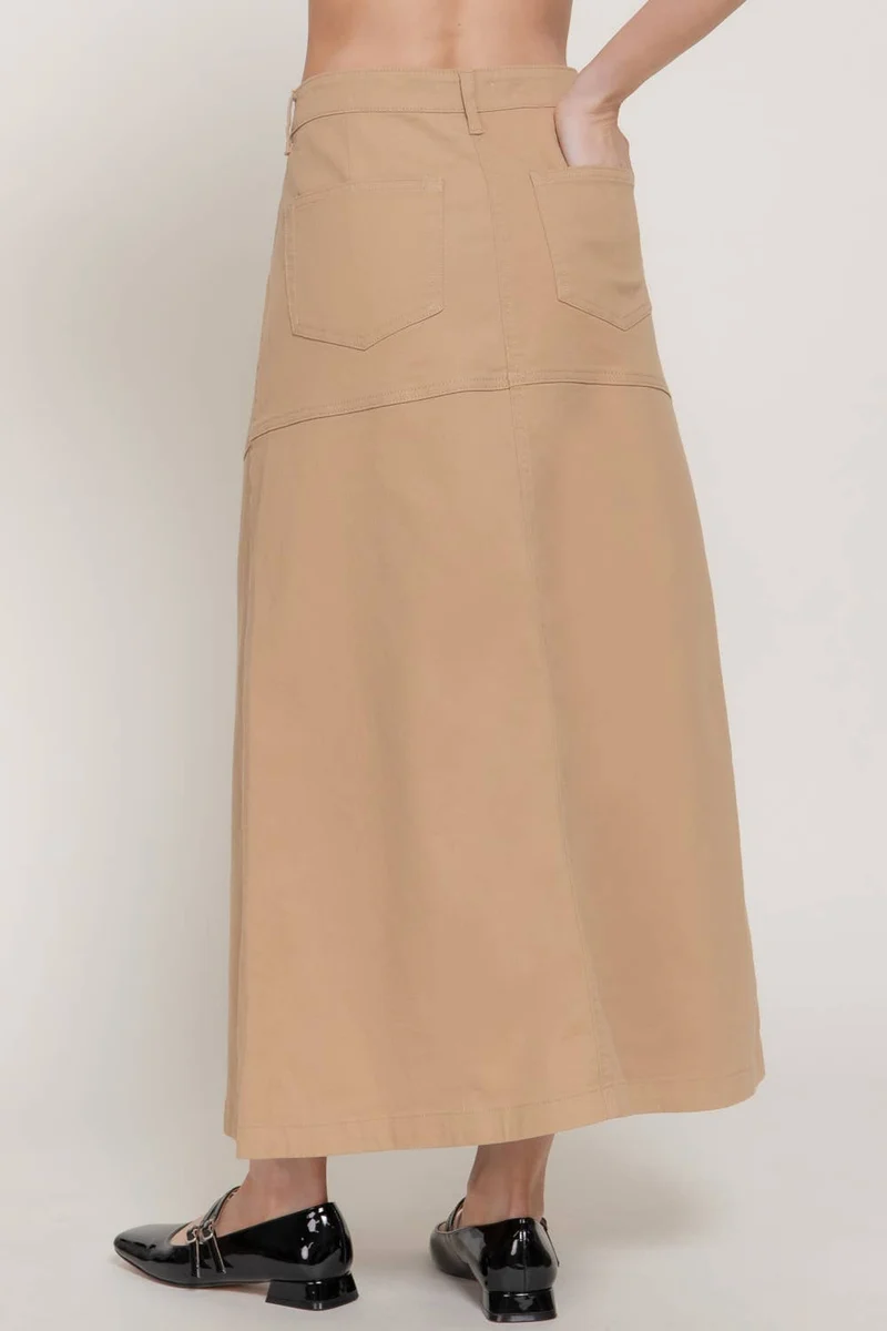 Stretch Cotton Twill A-Line Button Down Maxi Skirt: BLK-black / L