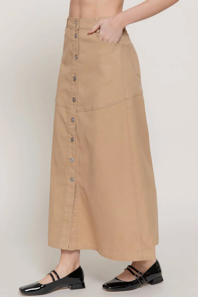 Stretch Cotton Twill A-Line Button Down Maxi Skirt: BLK-black / L