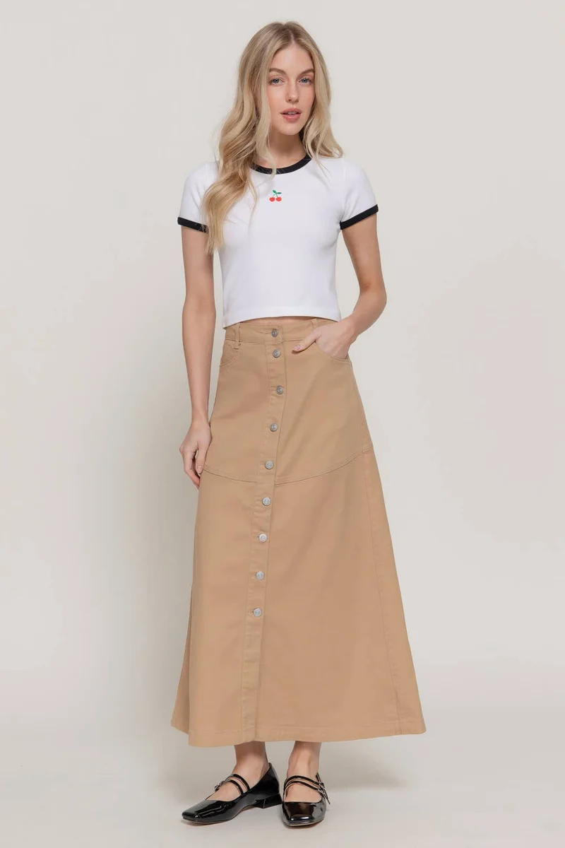 Stretch Cotton Twill A-Line Button Down Maxi Skirt: BLK-black / L