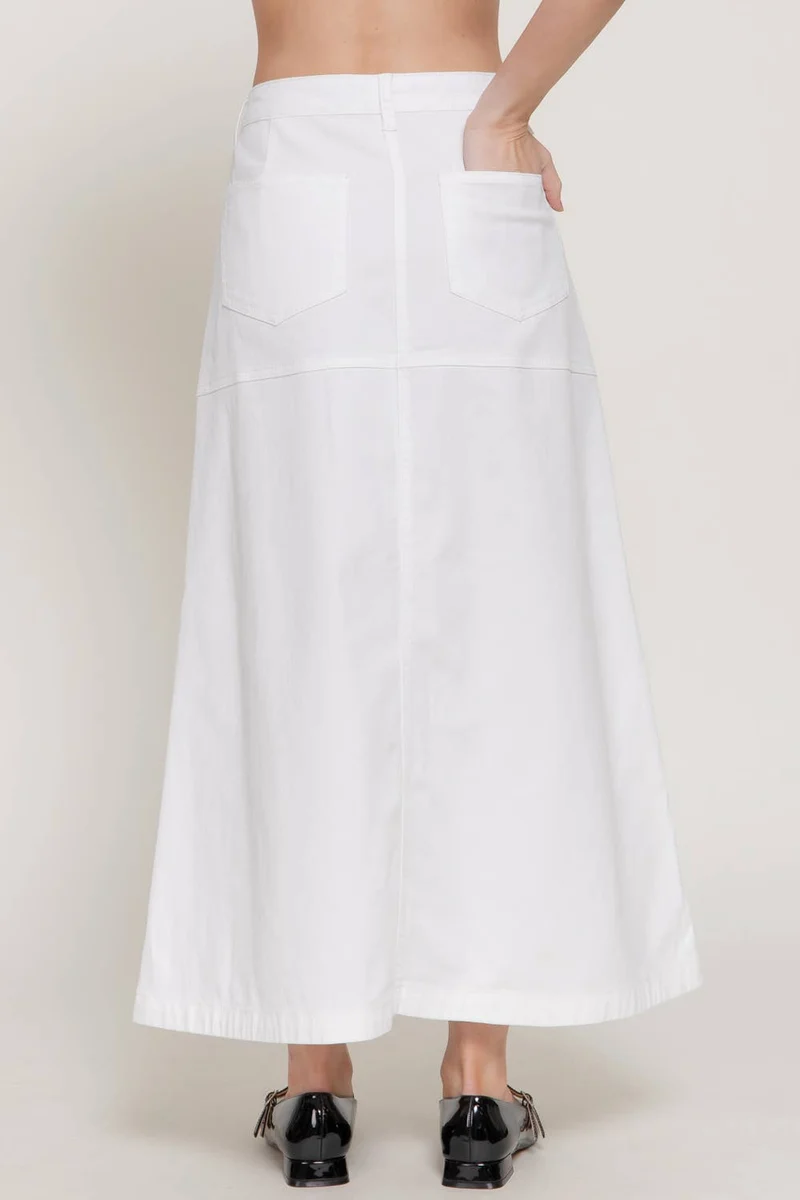 Stretch Cotton Twill A-Line Button Down Maxi Skirt: BLK-black / L