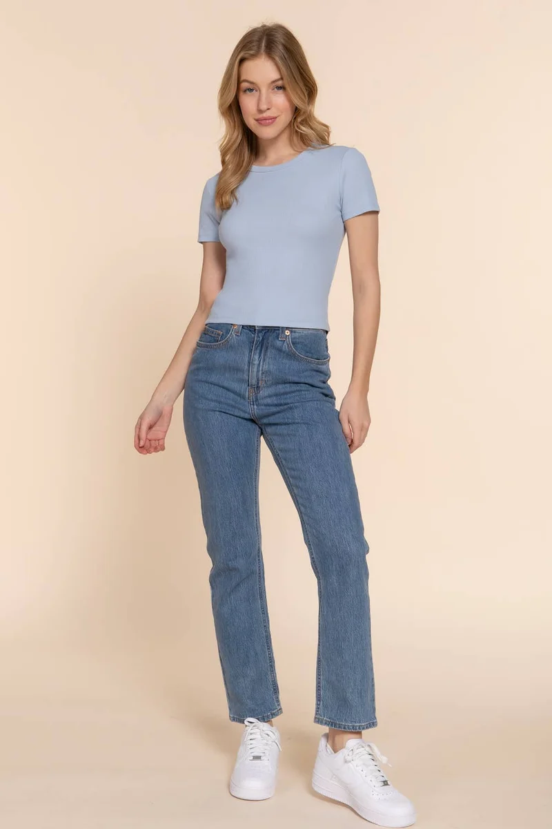 Short Sleeve Crew Neck Cotton Spandex Rib Knit Top : PNK-beige pink / L