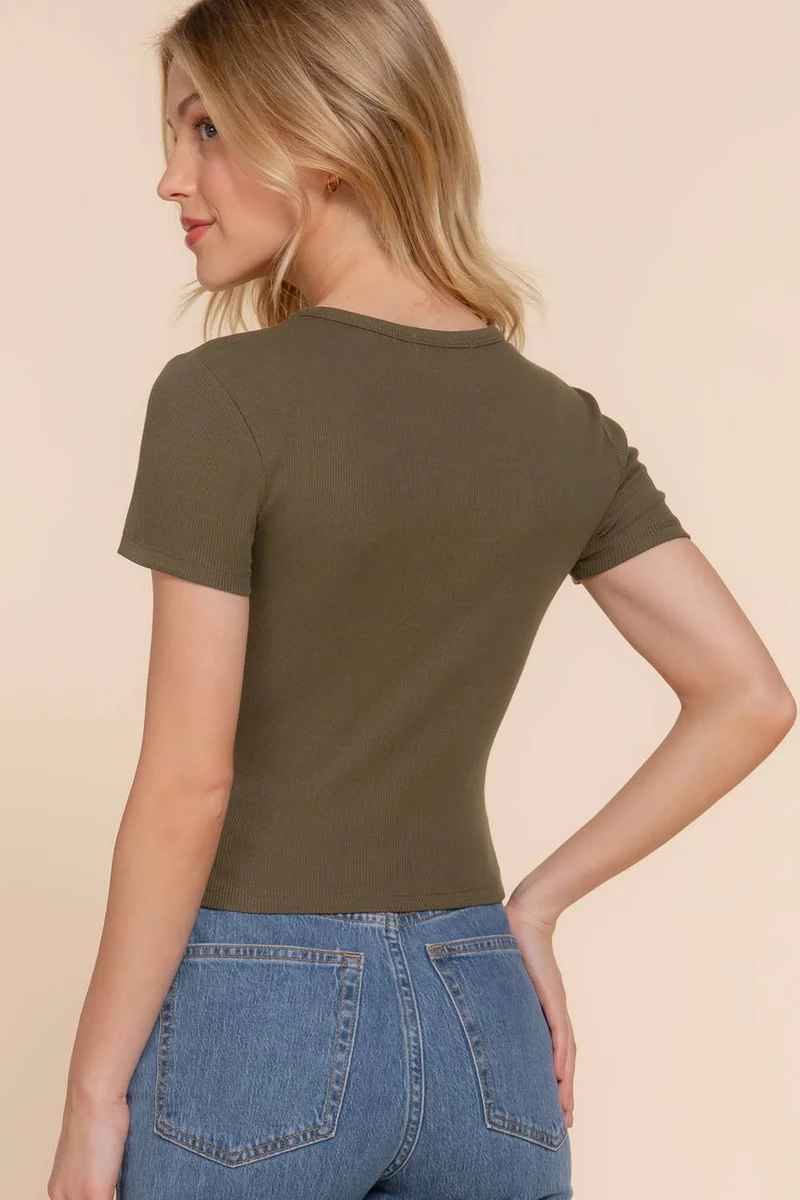 Short Sleeve Crew Neck Cotton Spandex Rib Knit Top : PNK-beige pink / L