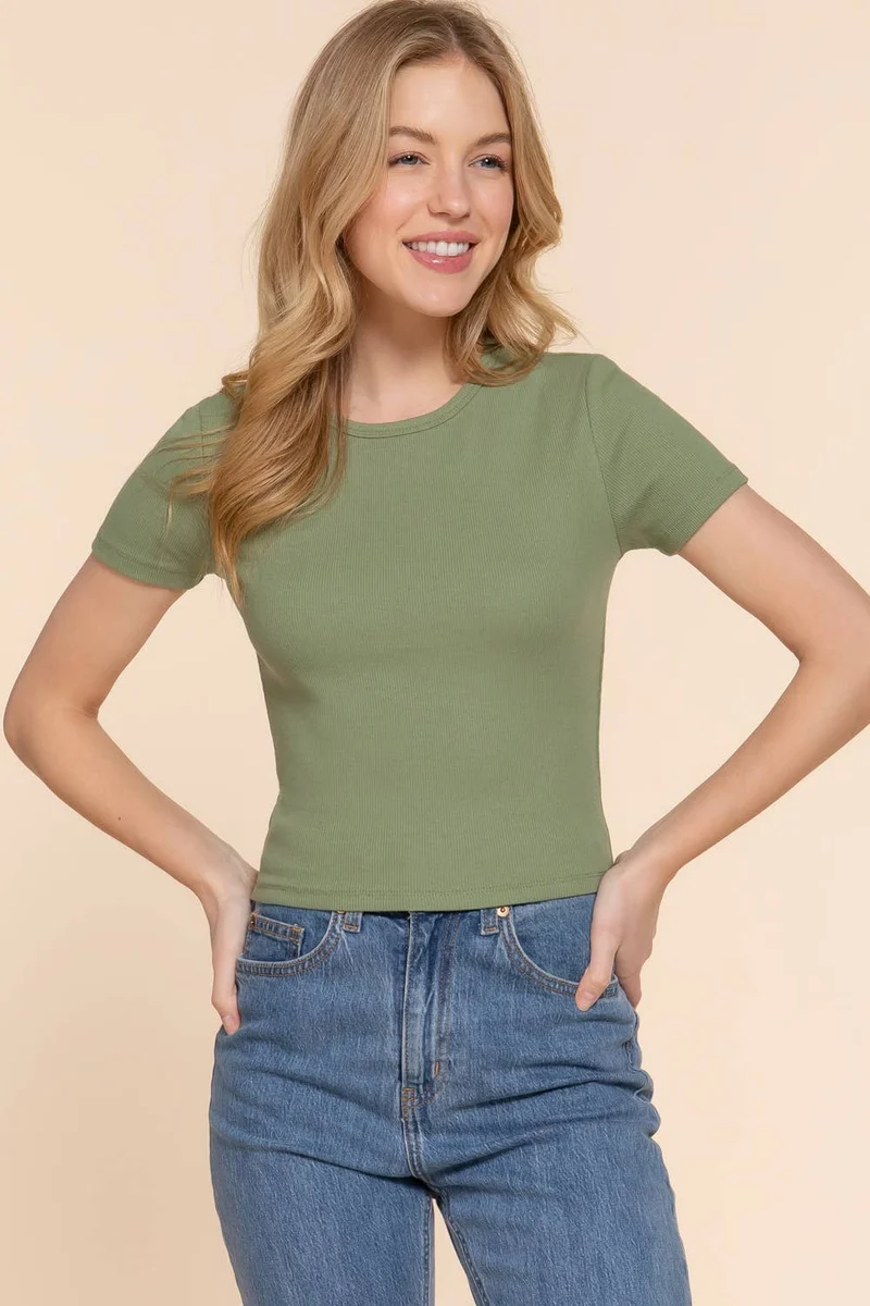 Short Sleeve Crew Neck Cotton Spandex Rib Knit Top : PNK-beige pink / L
