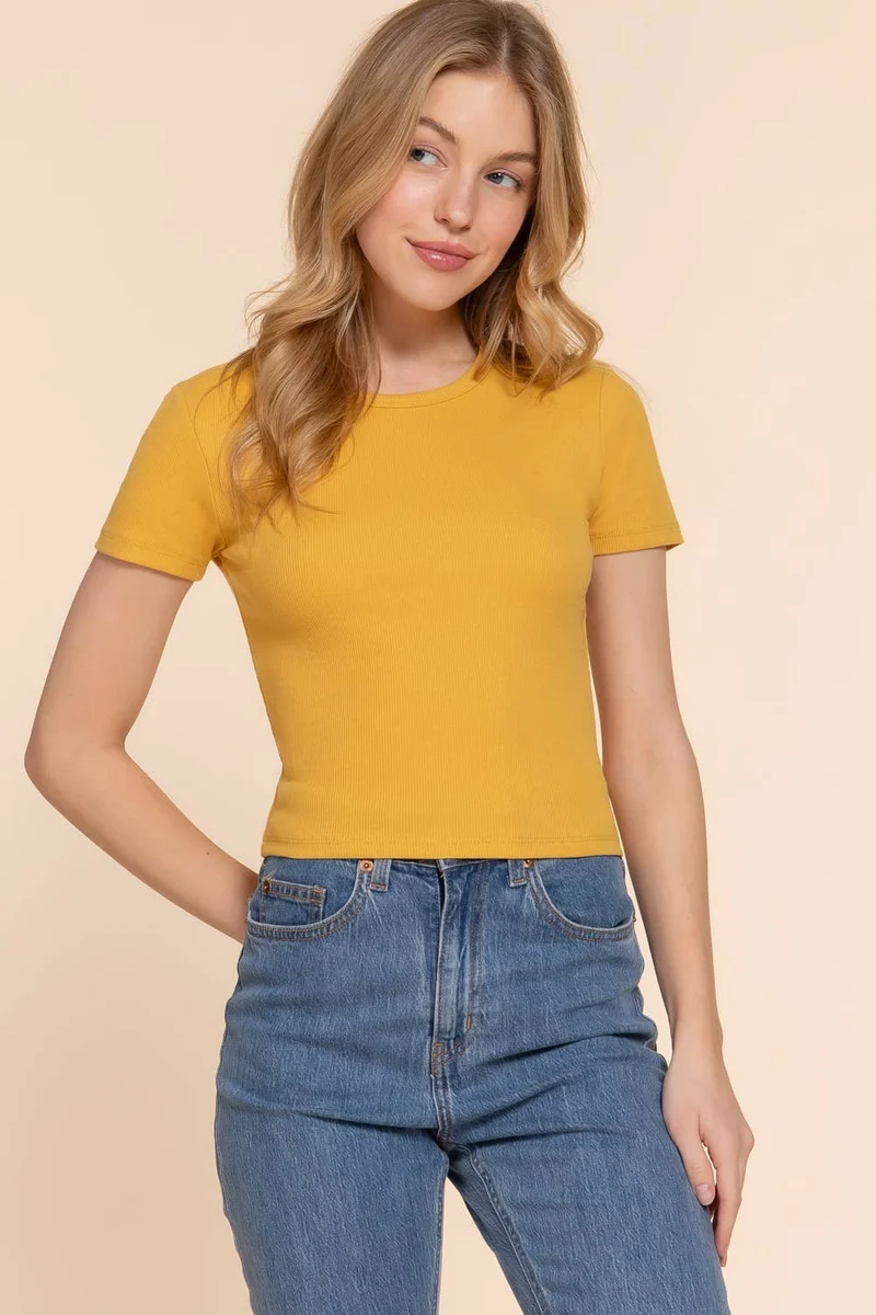 Short Sleeve Crew Neck Cotton Spandex Rib Knit Top : PNK-beige pink / L