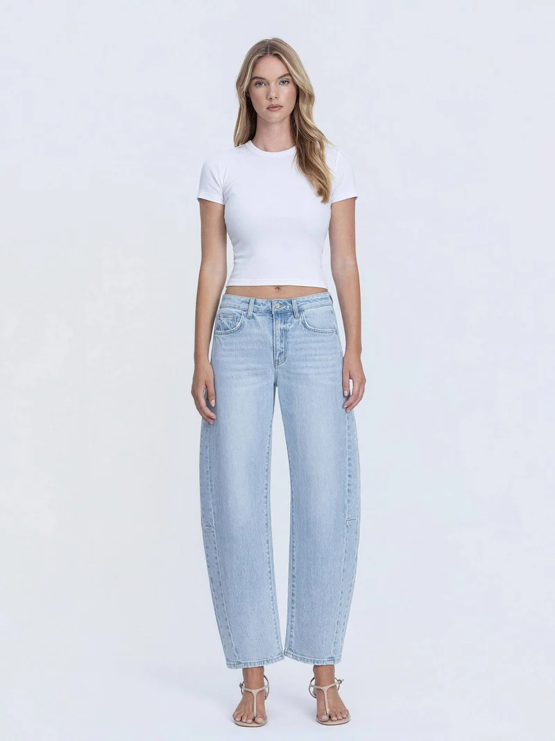 HIGH RISE LIGHT WASH SEAM DETAIL CROP BARREL JEANS