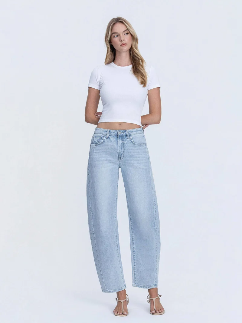 HIGH RISE LIGHT WASH SEAM DETAIL CROP BARREL JEANS