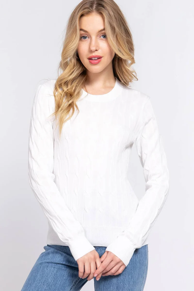 Long Sleeve Round Neck Cable Sweater