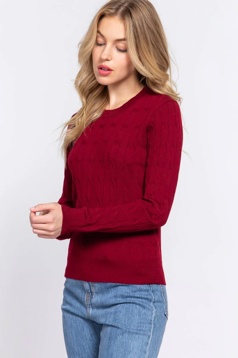 Long Sleeve Round Neck Cable Sweater