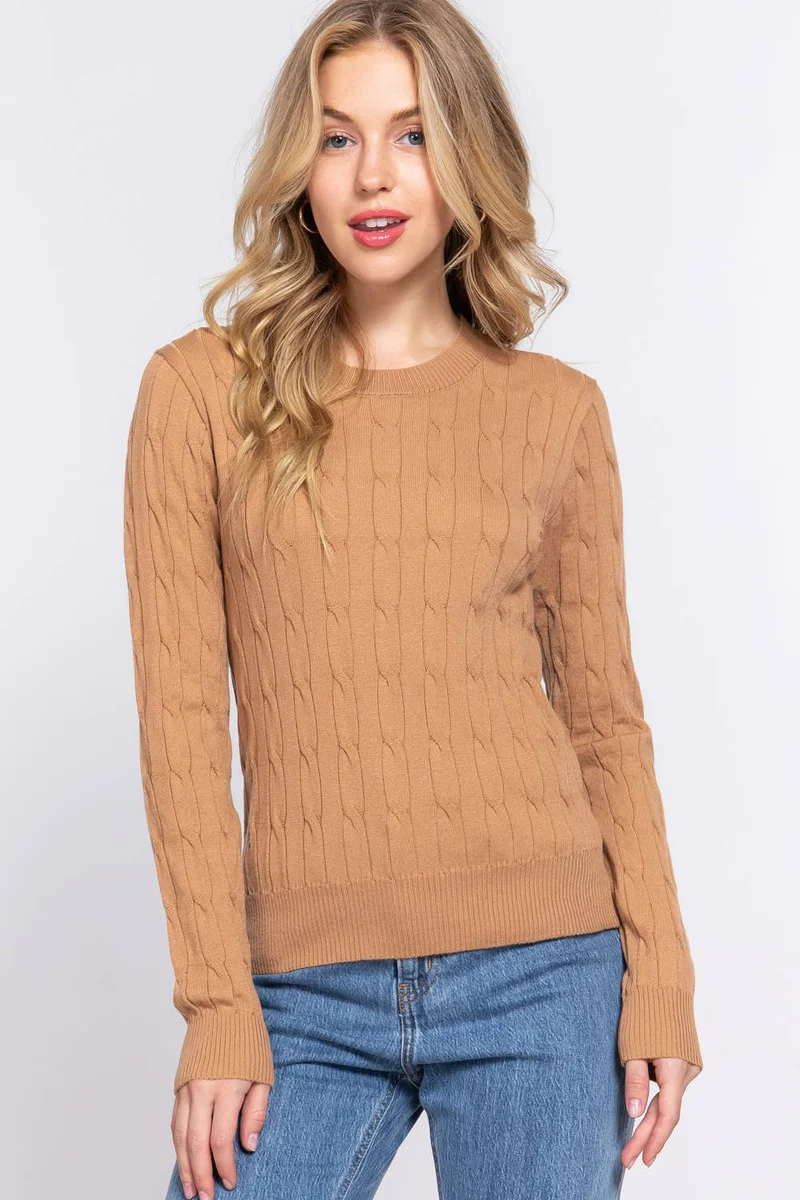 Long Sleeve Round Neck Cable Sweater
