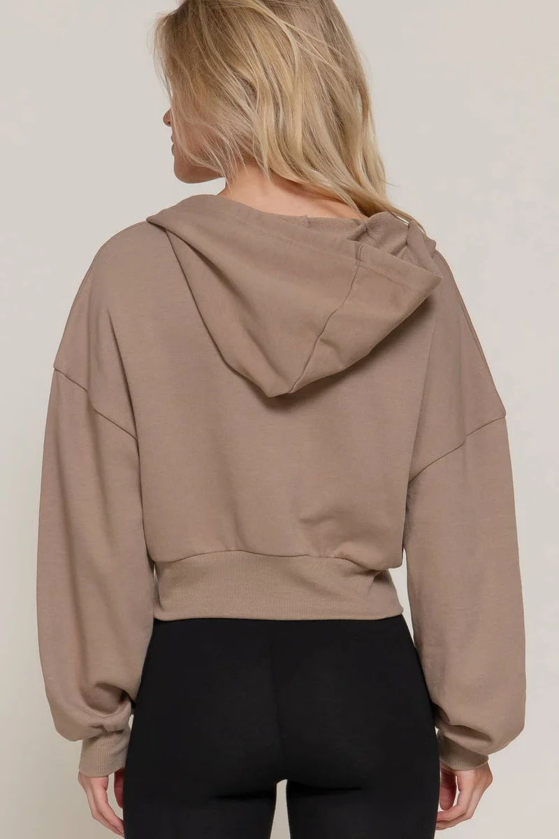 Long Sleeve Hoodie French Terry Zip Up Jacket COFFEE