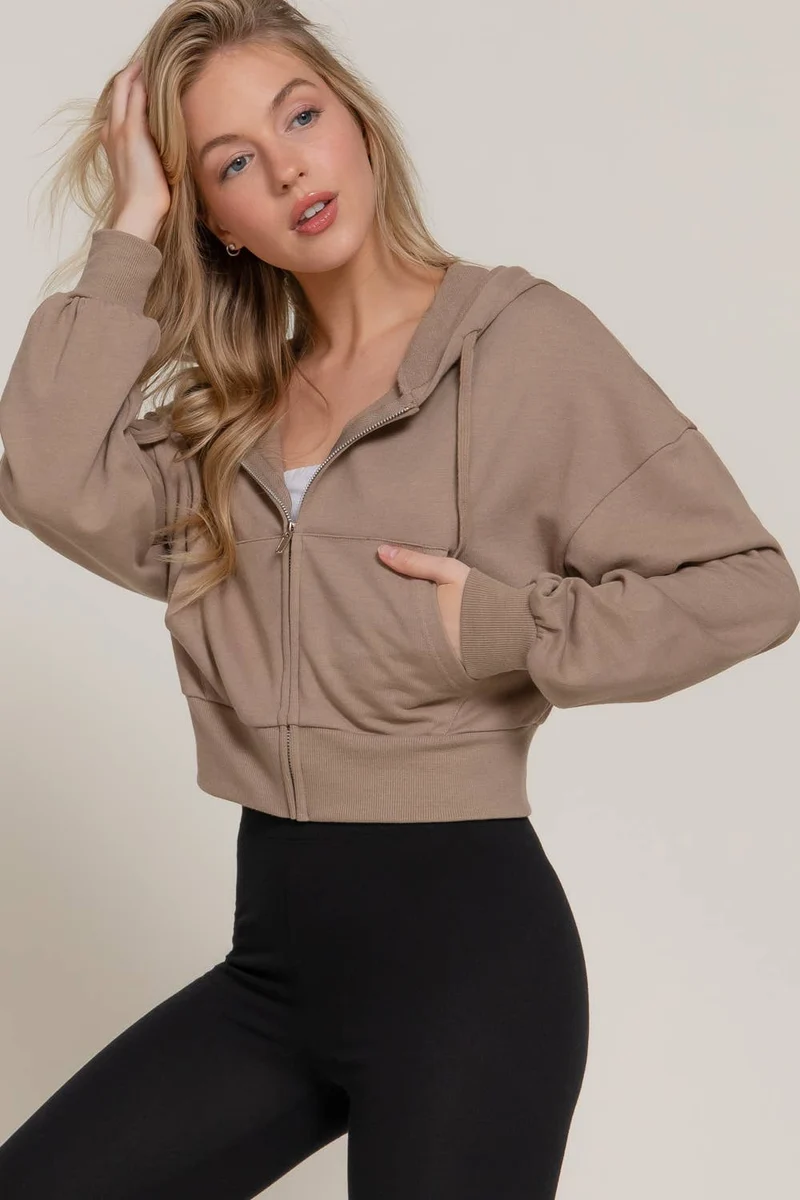 Long Sleeve Hoodie French Terry Zip Up Jacket COFFEE