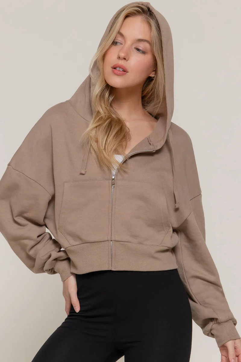 Long Sleeve Hoodie French Terry Zip Up Jacket COFFEE