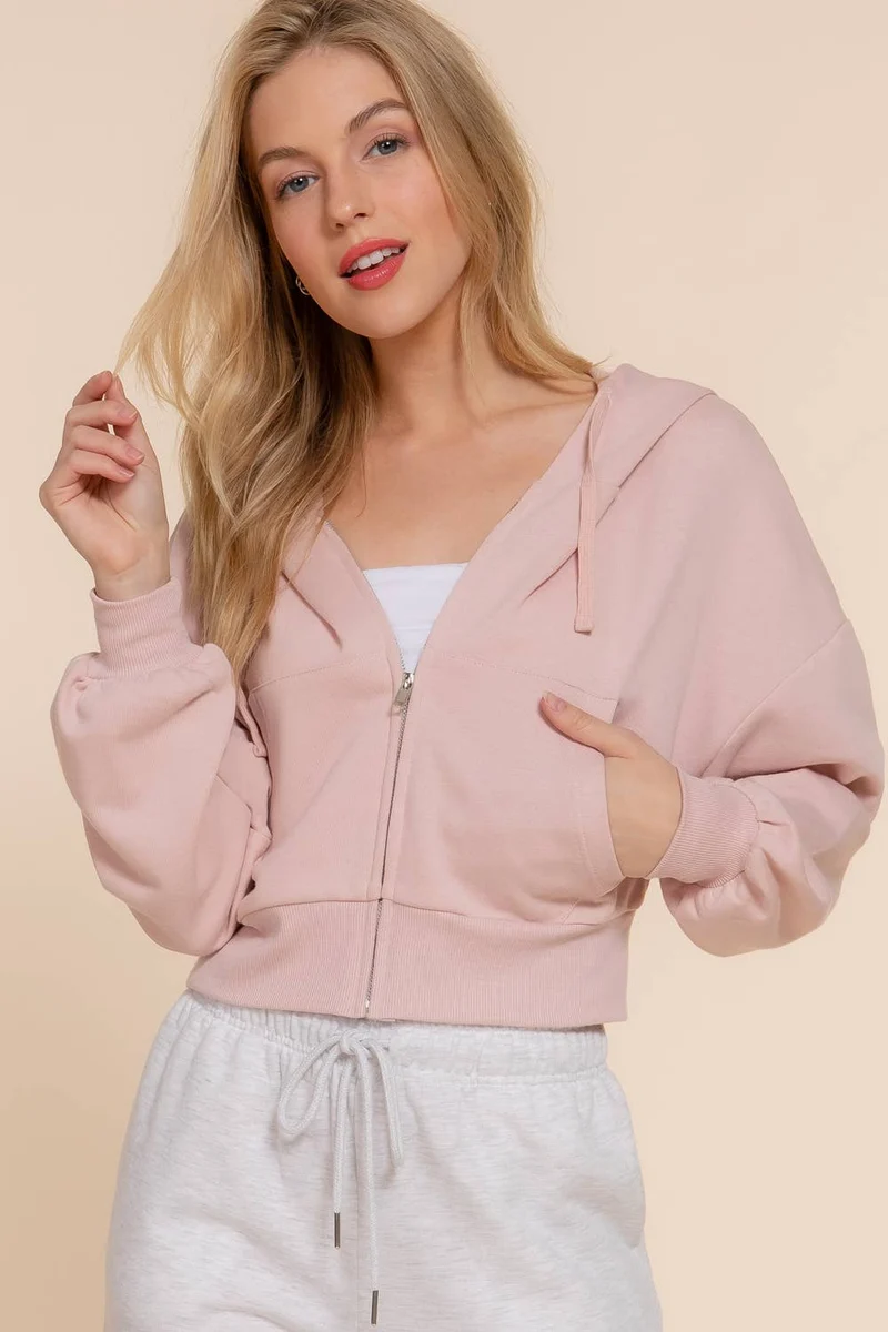 Long Sleeve Hoodie French Terry Zip Up Jacket COFFEE