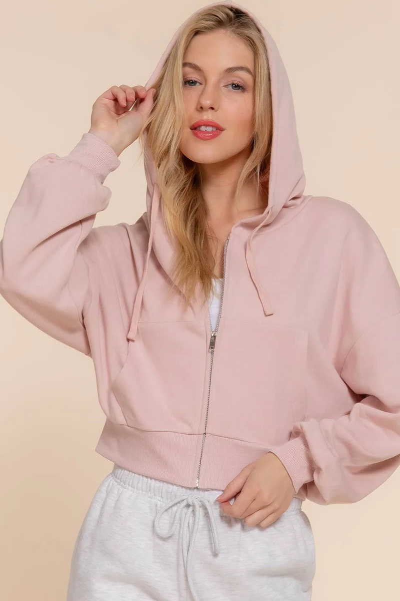 Long Sleeve Hoodie French Terry Zip Up Jacket COFFEE