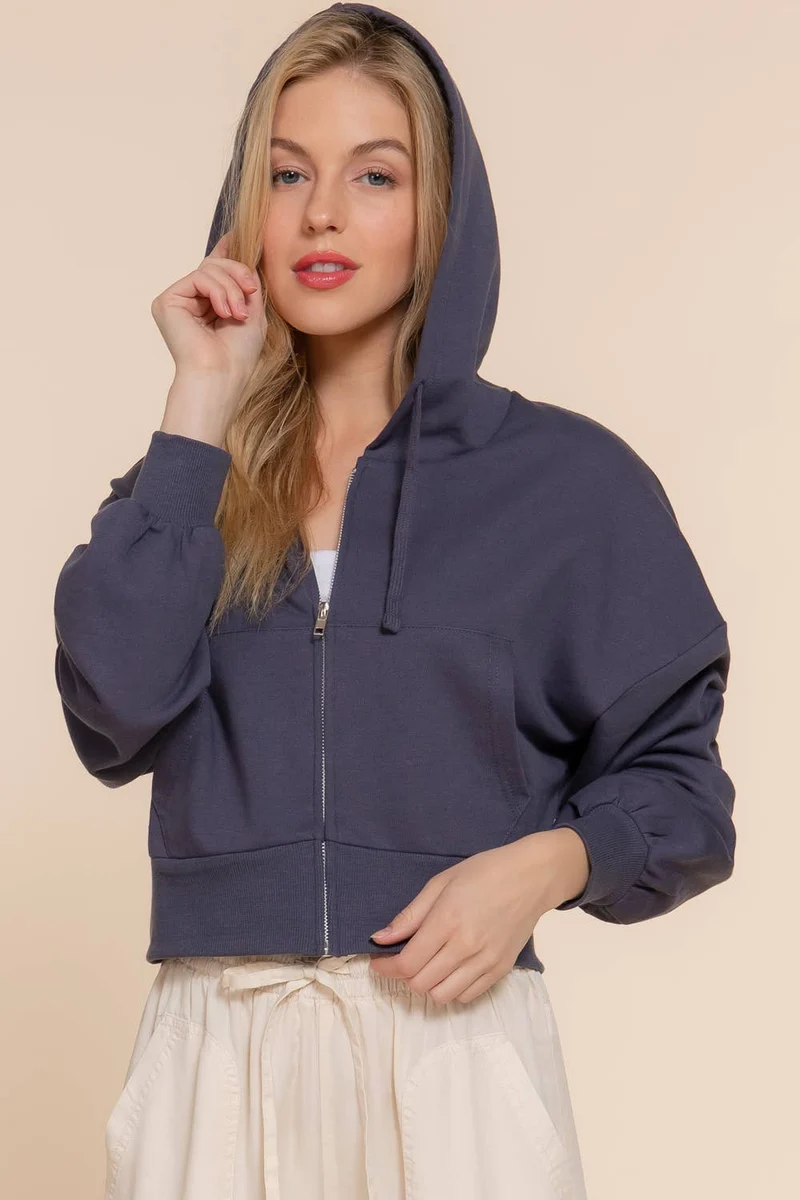 Long Sleeve Hoodie French Terry Zip Up Jacket COFFEE