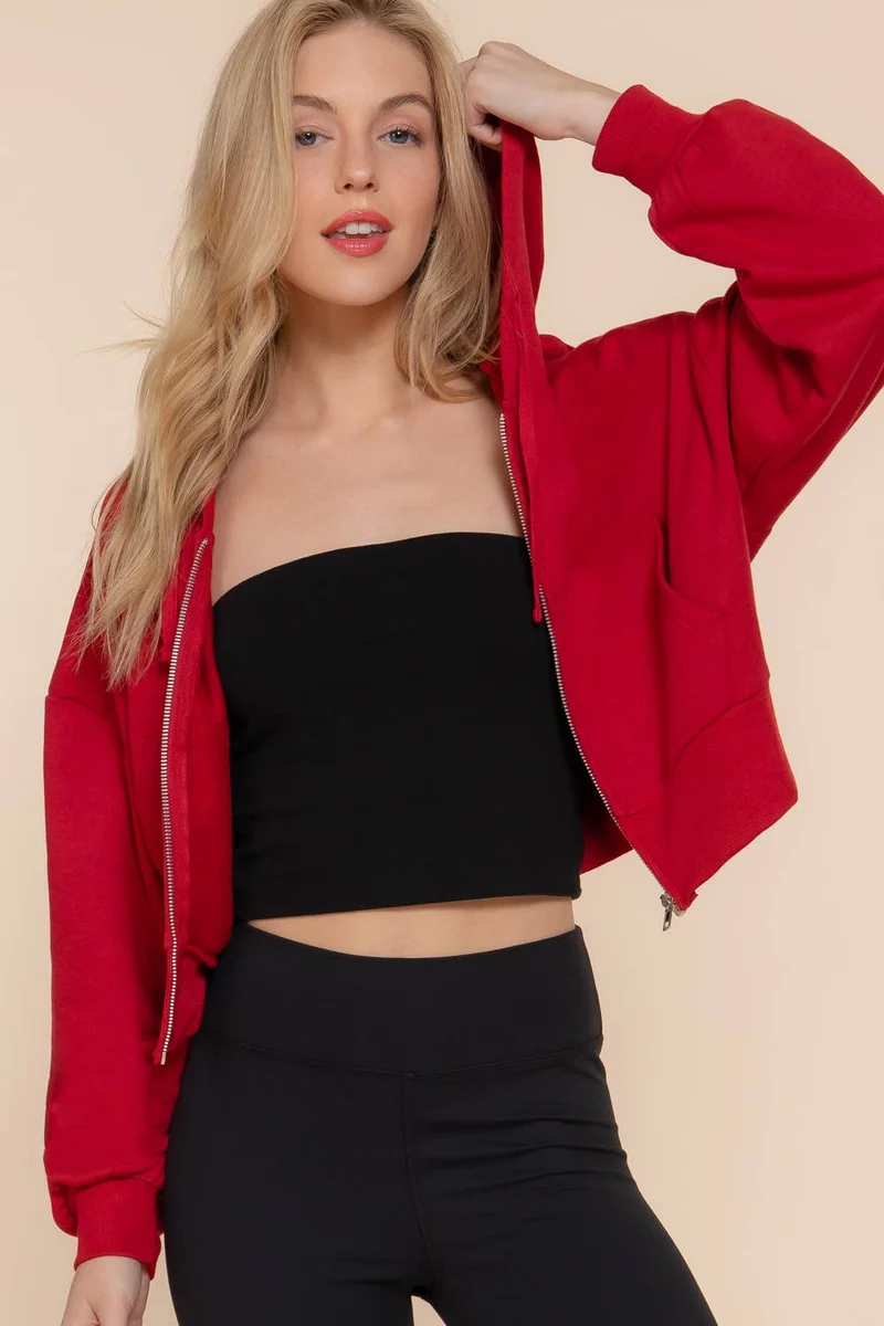 Long Sleeve Hoodie French Terry Zip Up Jacket COFFEE