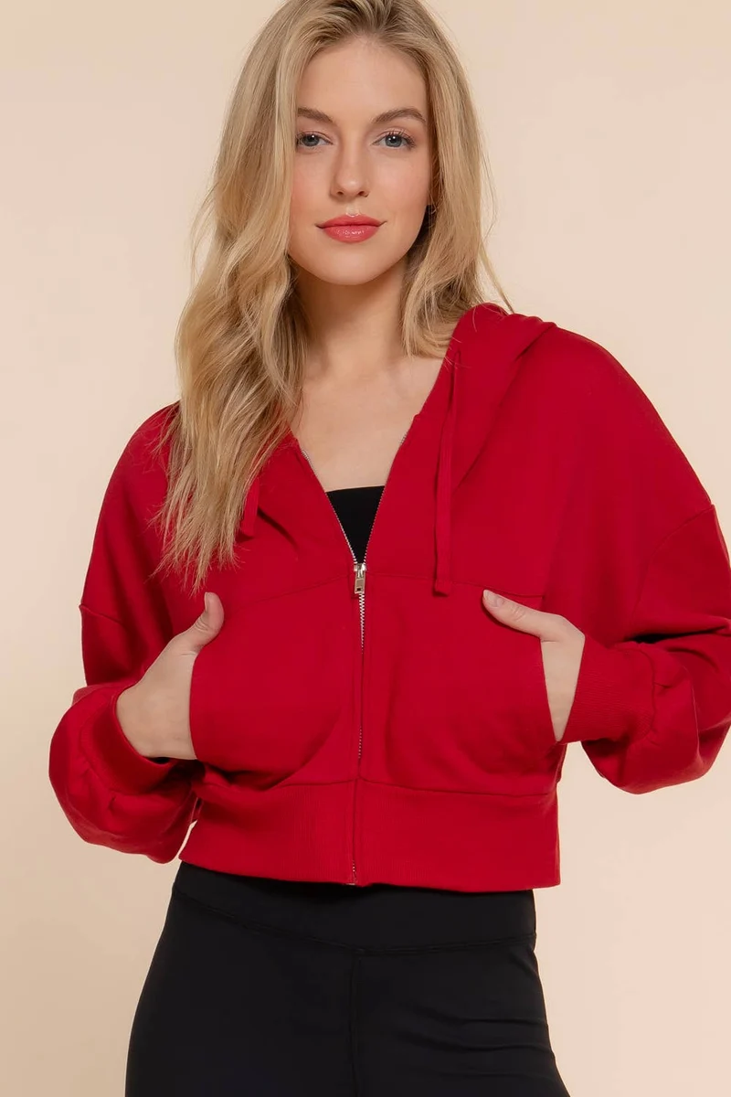 Long Sleeve Hoodie French Terry Zip Up Jacket COFFEE
